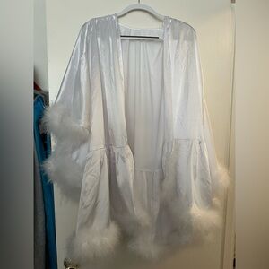 Never Worn - Short White Satin and Feather Bridal Robe